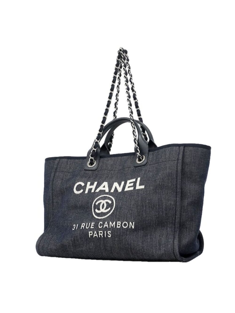 Chanel Chain Tote Deauville Denim Navy Silver 2-Way